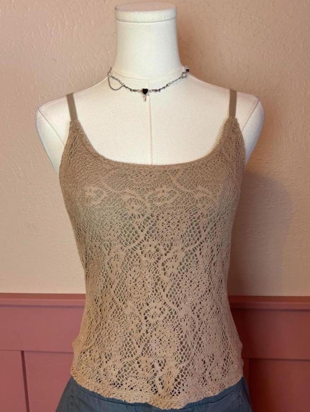 knit lace brown cami top new york and company sz xs cotton